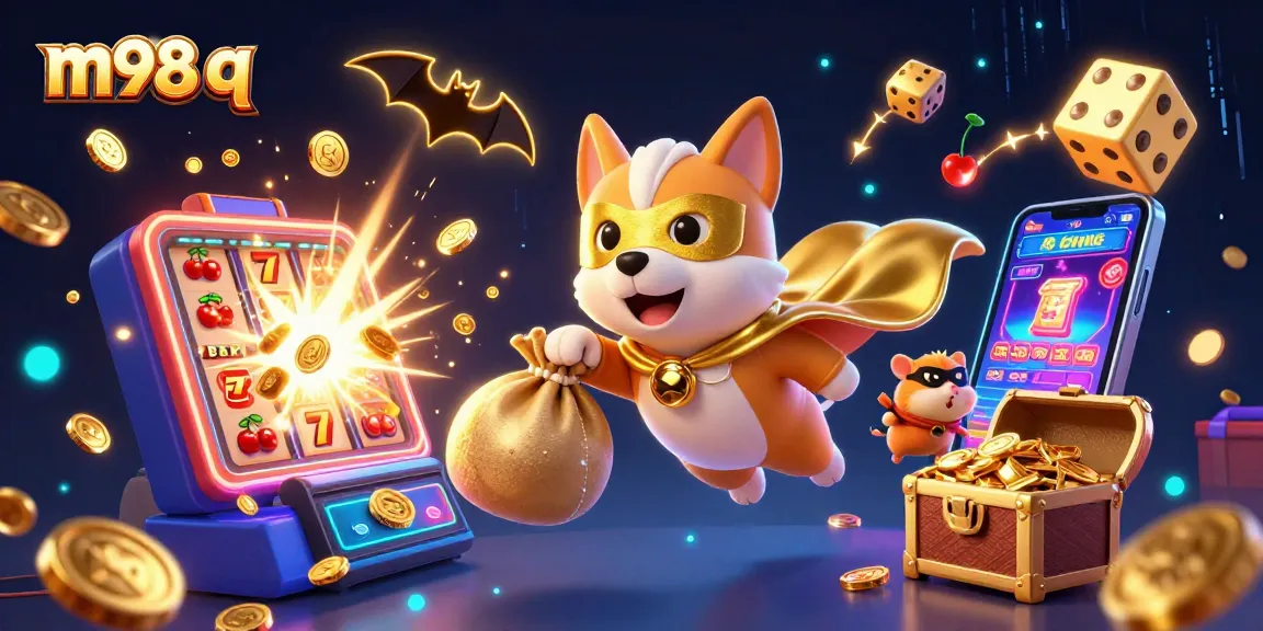 Spin and win with m98 q as the superhero dog soars over joyful jackpot moments.